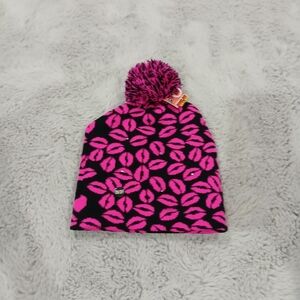 Pink and Black Patterned Beanie with Pom Pom